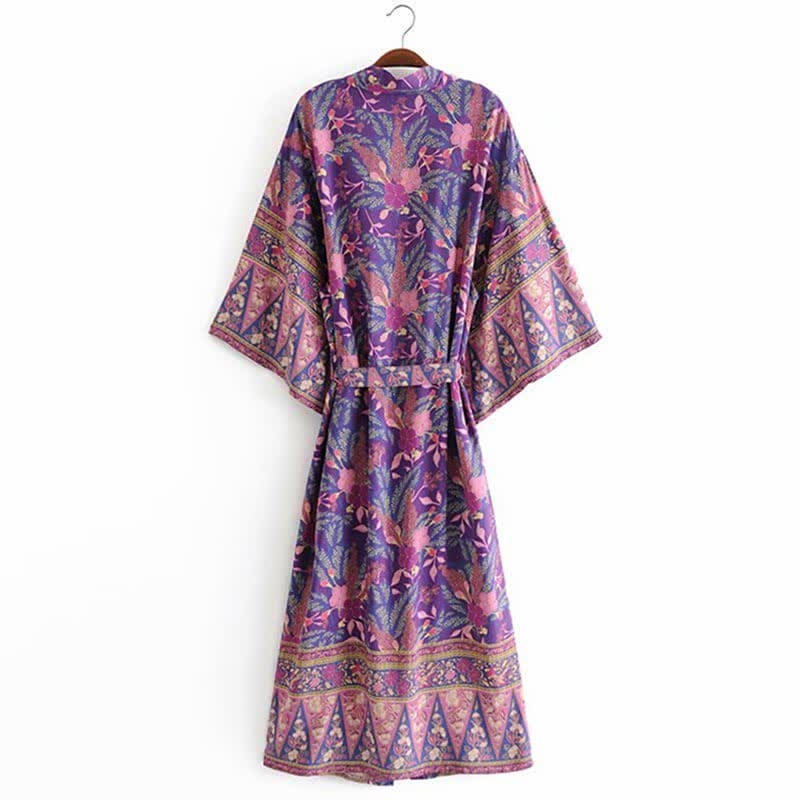 Pink Beach Flower Print Belt Robe Cardigan Outerwear