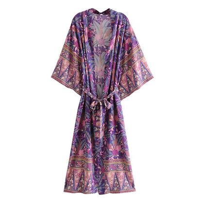 Pink Beach Flower Print Belt Robe Cardigan Outerwear