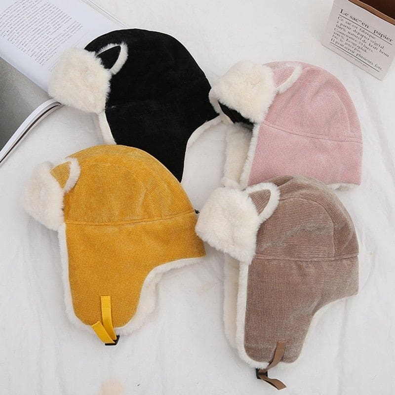 Pink/Black/Yellow/Khaki Fluffy Ear-flapped Warm Cotton Cat