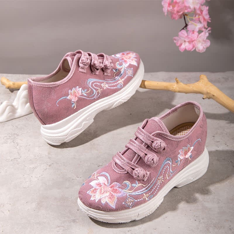 Pink Blossom Embroidery Buckle Platform High Heels Shoes