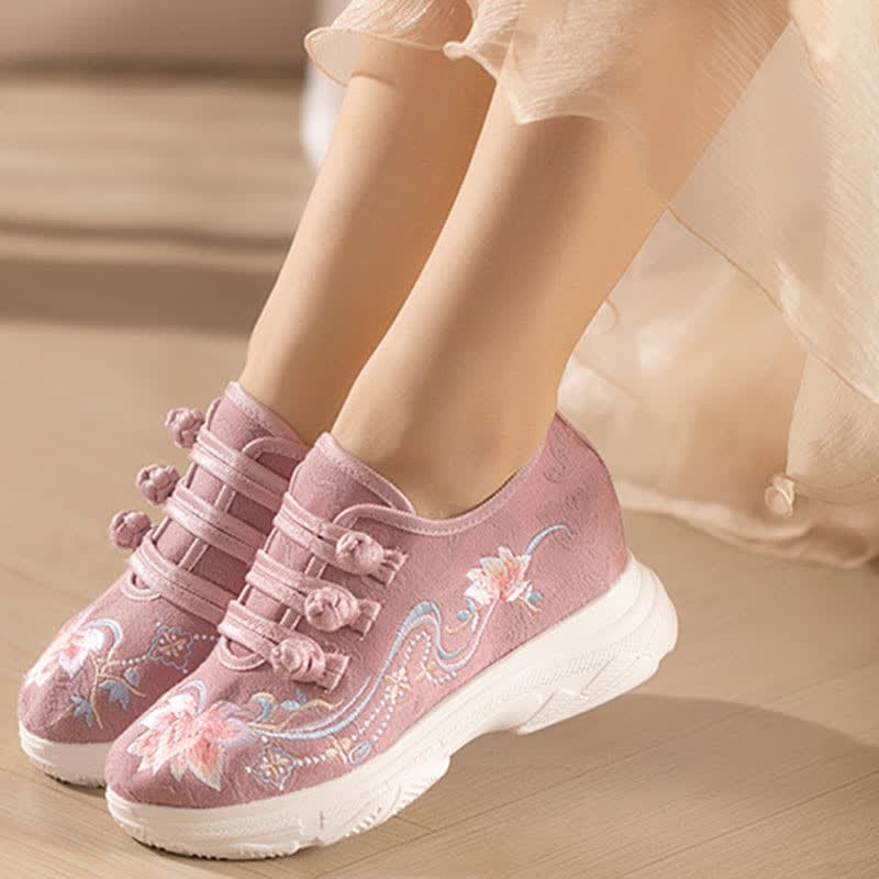 Pink Blossom Embroidery Buckle Platform High Heels Shoes