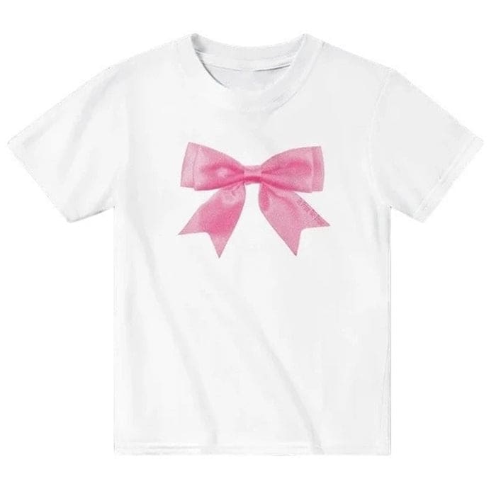 Pink Bow Graphic White Tee - S / White/pink - Tops