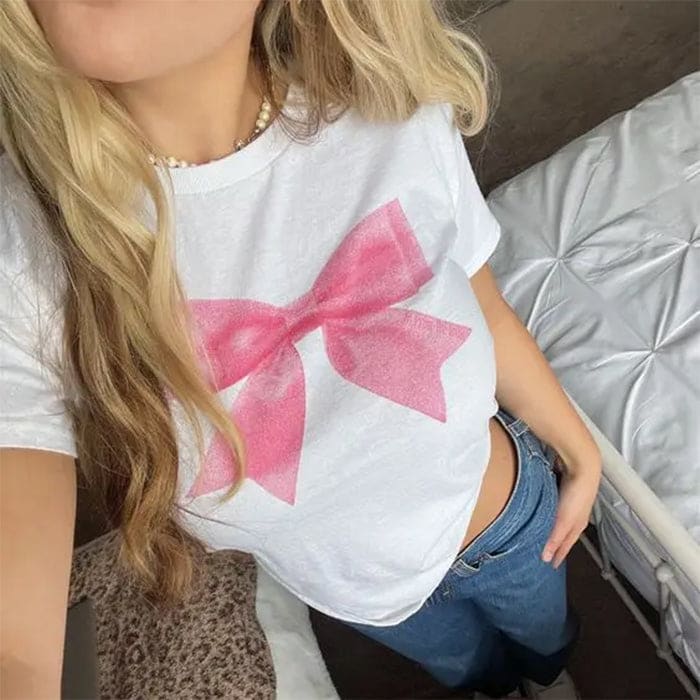 Pink Bow Graphic White Tee - Tops