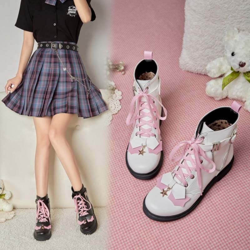 Pink Bow Knot Chain Lace-up Front Boots