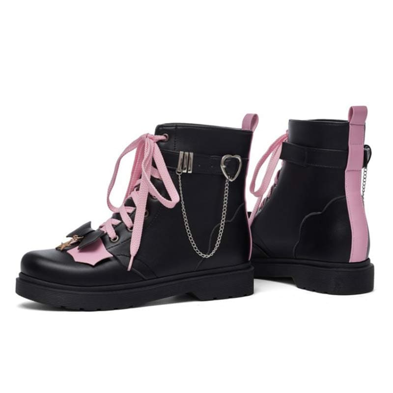 Pink Bow Knot Chain Lace-up Front Boots