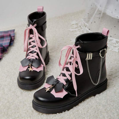 Pink Bow Knot Chain Lace-up Front Boots