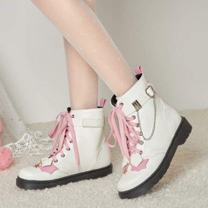 Pink Bow Knot Chain Lace-up Front Boots