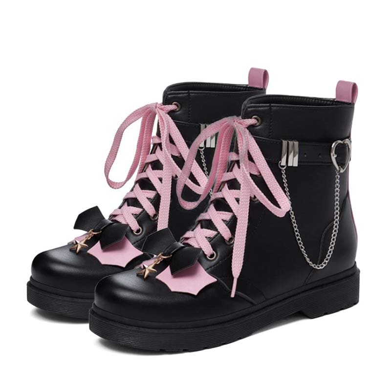 Pink Bow Knot Chain Lace-up Front Boots - Black / 35