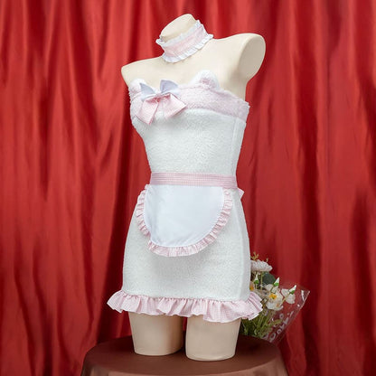 Pink Bow Knot Fuzzy Maid Apron Dress Lingerie - White