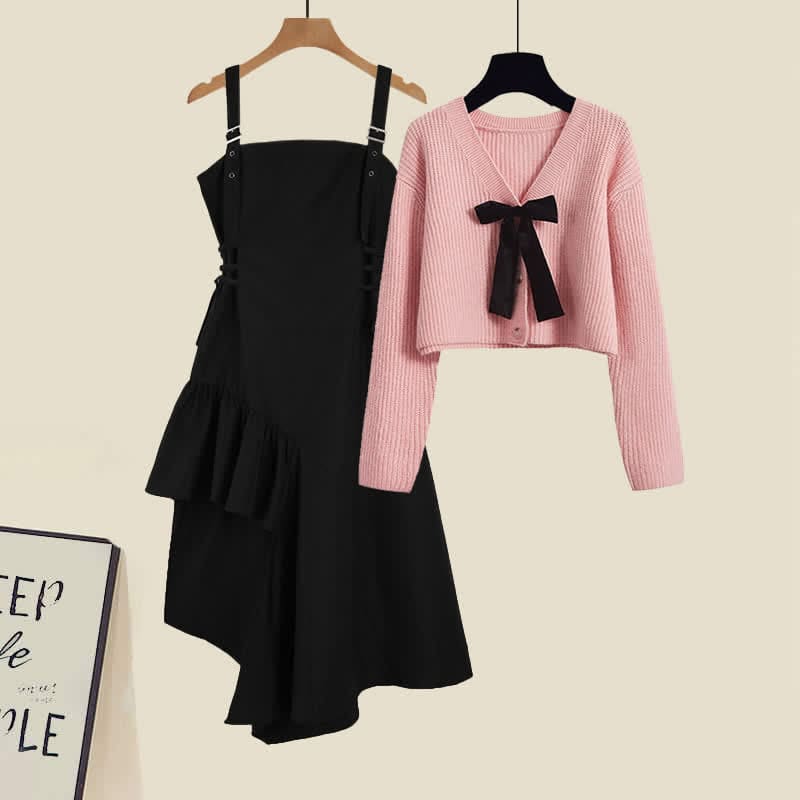 Pink Bow Knot Knit Cardigan Sweater Irregular Suspender