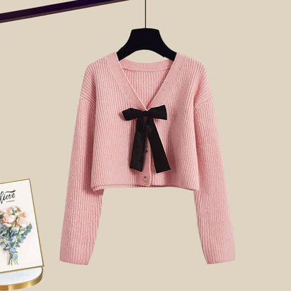 Pink Bow Knot Knit Cardigan Sweater Irregular Suspender