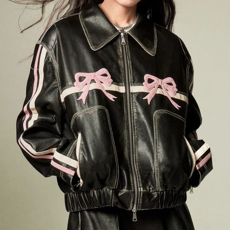 Pink Bow Leather Jacket - Lovesickdoe - Black / S