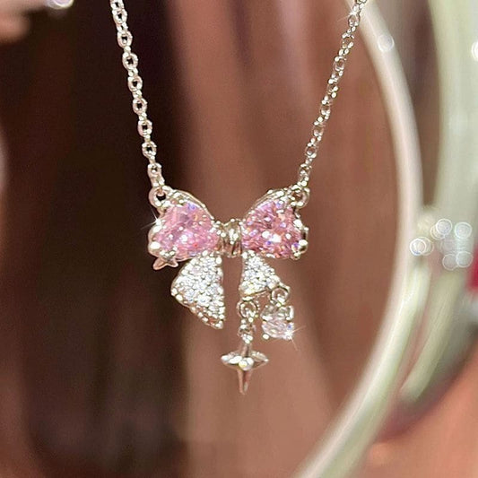 Pink Bow Pendant Necklace - Pink