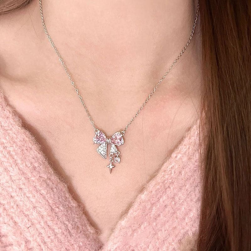 Pink Bow Pendant Necklace - Pink