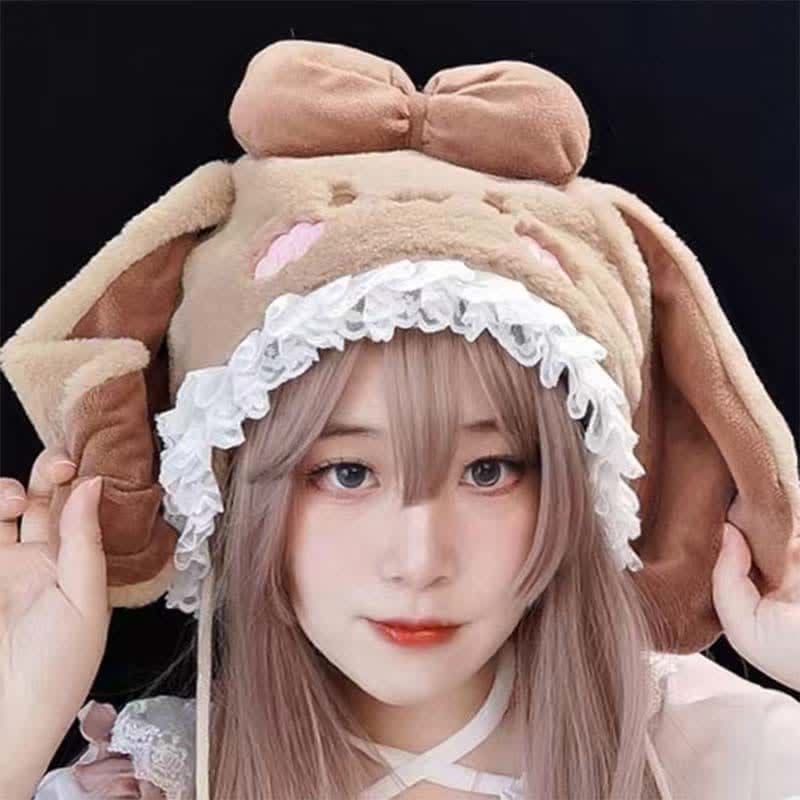 Pink Bowknot Decor Lolita Bunny Ears Plush Hat - Coffee