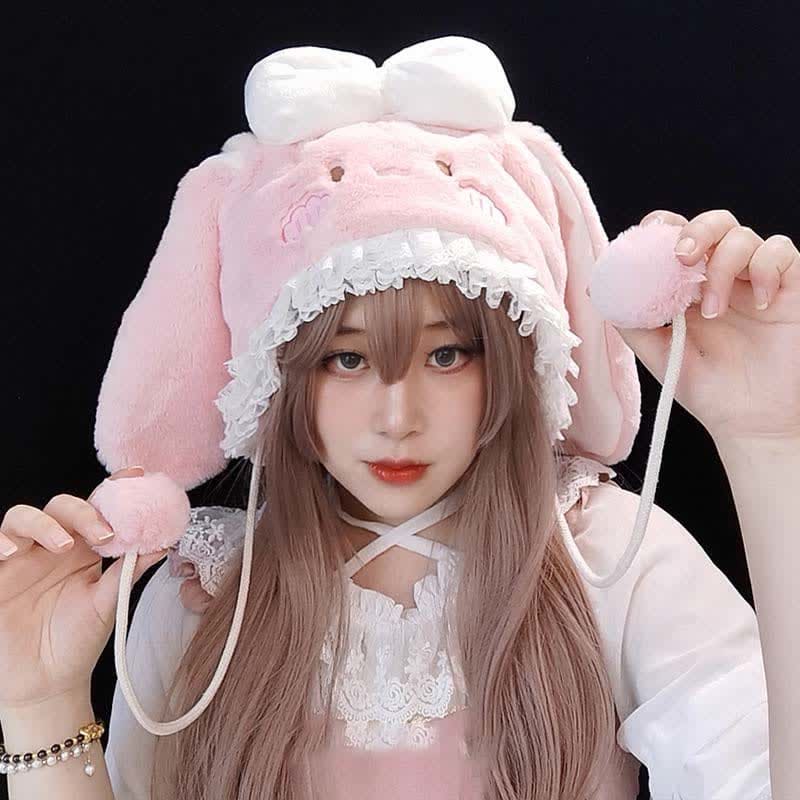 Pink Bowknot Decor Lolita Bunny Ears Plush Hat - Pink