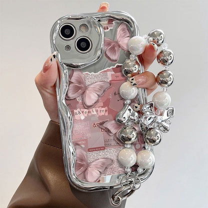 Pink Butterfly Sliver Pearl Pendant Phone Case