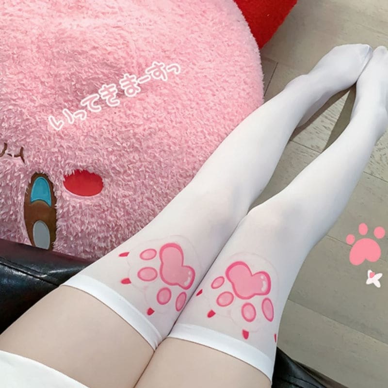 Pink Cat Paw Print Knee Socks - White / one size fits all