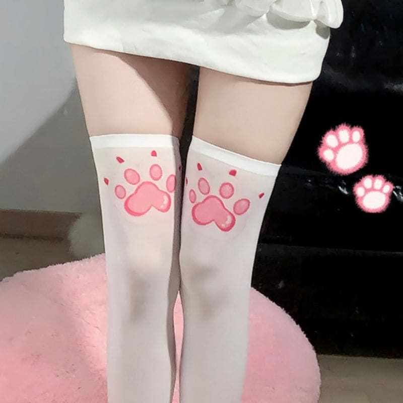 Pink Cat Paw Print Knee Socks - White / one size fits all