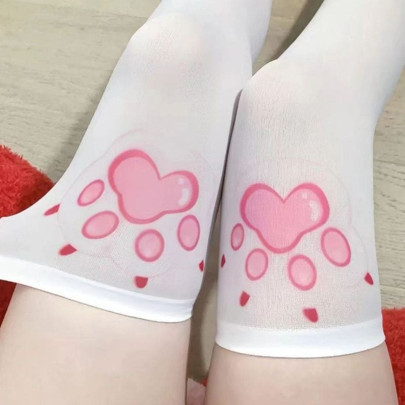 Pink Cat Paw Print Knee Socks - White / one size fits all