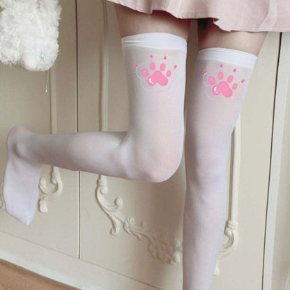 Pink Cat Paw Print Knee Socks - White / one size fits all