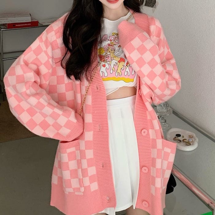 Pink Checkered Cardigan - Free Size / Pink - Cardigan