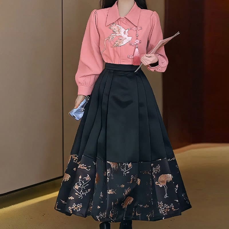 Pink Crane Embroidery Shirt Black High Waist Skirt Set