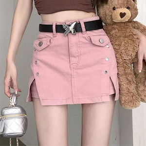 Pink Denim Butterfly Belt Skort - Skirt