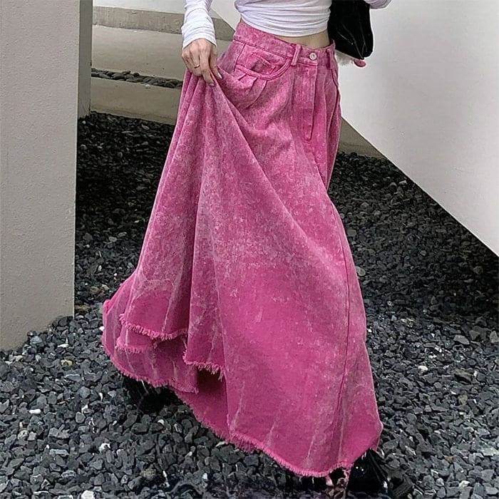 Pink Distressed Denim Maxi Skirt - Skirt