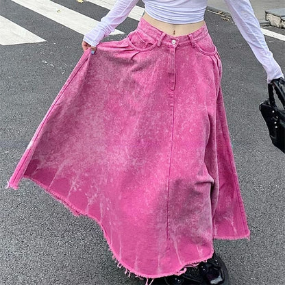 Pink Distressed Denim Maxi Skirt - Skirt