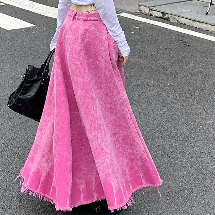 Pink Distressed Denim Maxi Skirt - Skirt