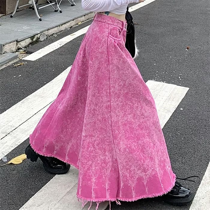 Pink Distressed Denim Maxi Skirt - Skirt