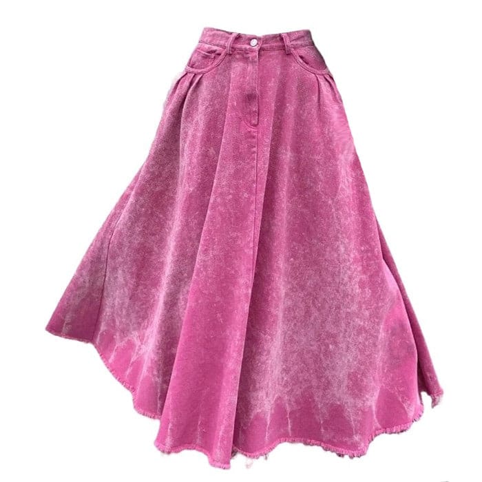 Pink Distressed Denim Maxi Skirt - S / Pink - Skirt