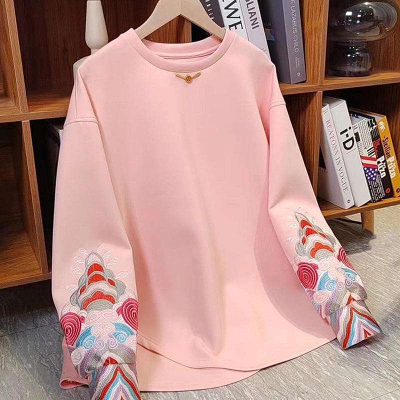 Pink Embroidery Round Collar Sweatshirt - Pink / S