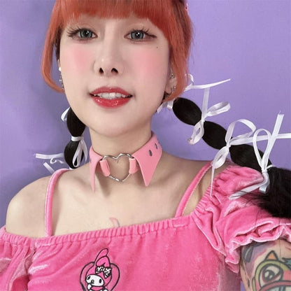 Pink Fake Collar Hollow SIiver Heart PU Choker ON789 - Pink