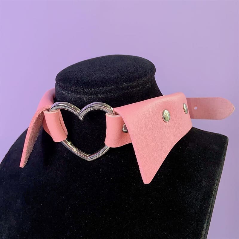Pink Fake Collar Hollow SIiver Heart PU Choker ON789 - Pink