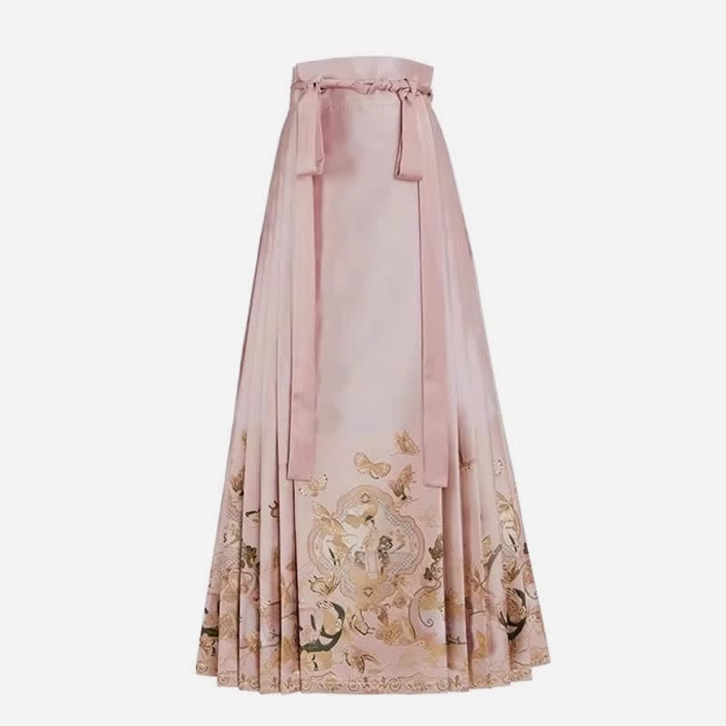 Pink Floral Embroidery Coat High Waist Pleated Skirt