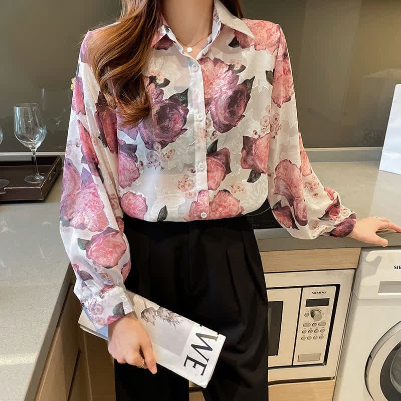 Pink Floral Embroidery Puff Sleeve Chiffon Shirt Workwear