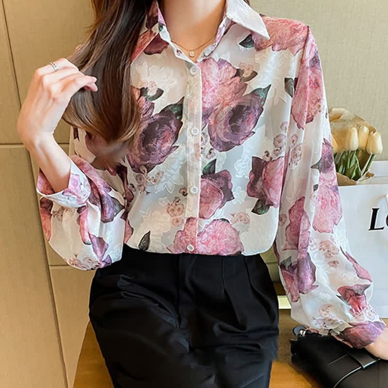 Pink Floral Embroidery Puff Sleeve Chiffon Shirt Workwear