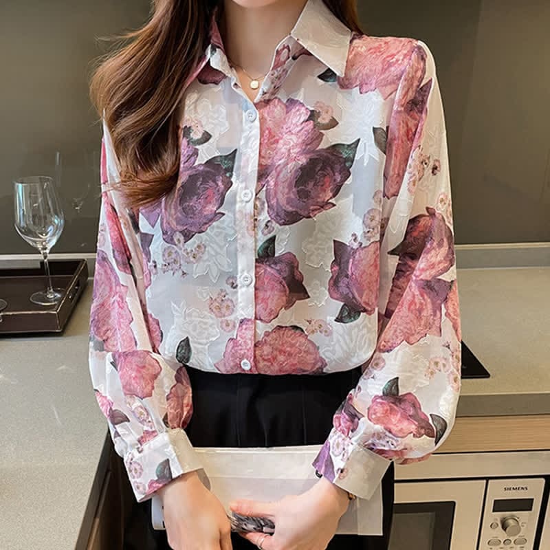 Pink Floral Embroidery Puff Sleeve Chiffon Shirt Workwear