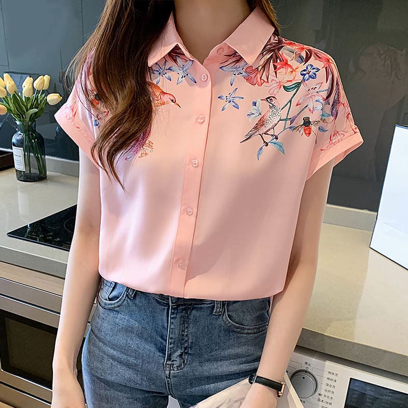 Pink Flowers Print Short Sleeve Shirt