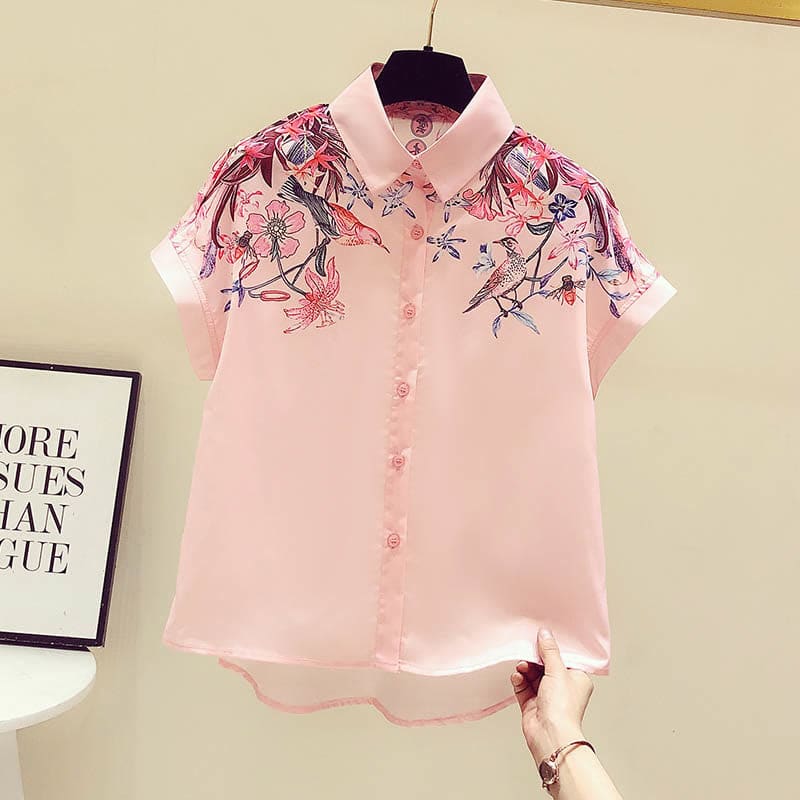 Pink Flowers Print Short Sleeve Shirt - Pink / M