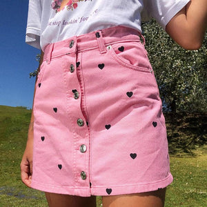 Pink Heart Denim Skirt - Skirt