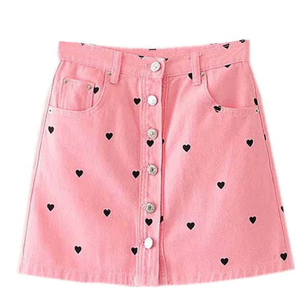 Pink Heart Denim Skirt - Skirt