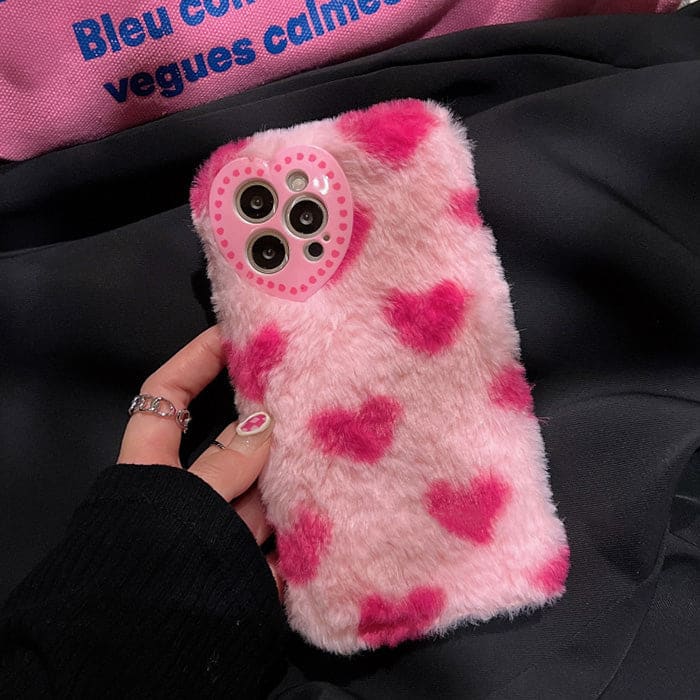 Pink Heart Furry Plush Phone Case - IPhone Case