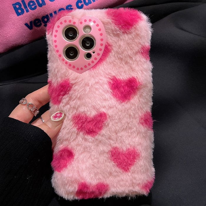 Pink Heart Furry Plush Phone Case - IPhone Case