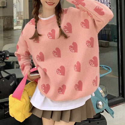 Pink Heart Knit Sweater - Free Size / Pink - Sweater