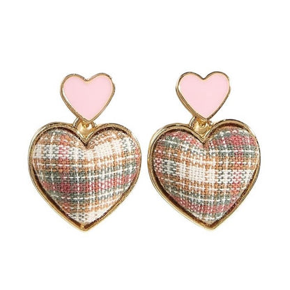 Pink Heart Tweed Earrings - Standart / Pink/gold - earrings