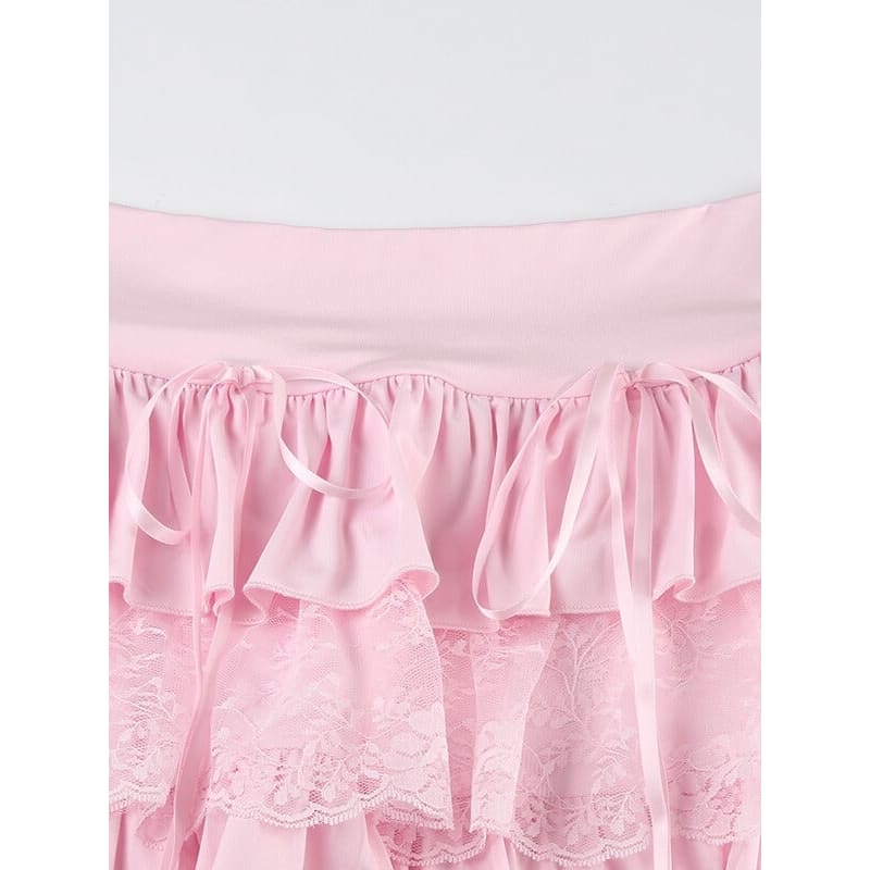 Pink Lace Layered Skirt - mini skirts