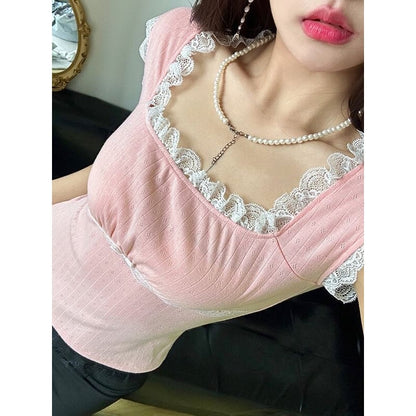 Pink Lace Patchwork Top - short sleeve tops